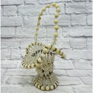 Vintage Handmade Beaded Safety Pin Basket Mid Century Pearl Silver 12" tall